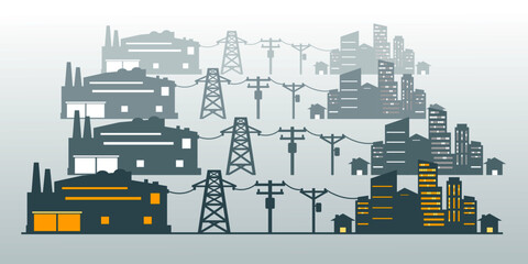 Power plant generates electricity to transmit electricity to electric poles and city house on white background icon flat vector.