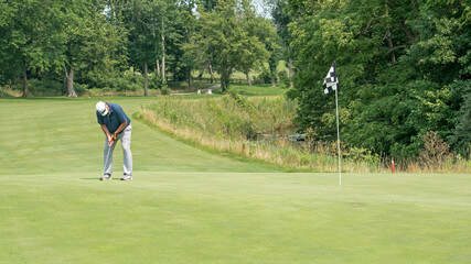 Obraz premium Golfer addresses the ball for a putt on the green of a links golf course.