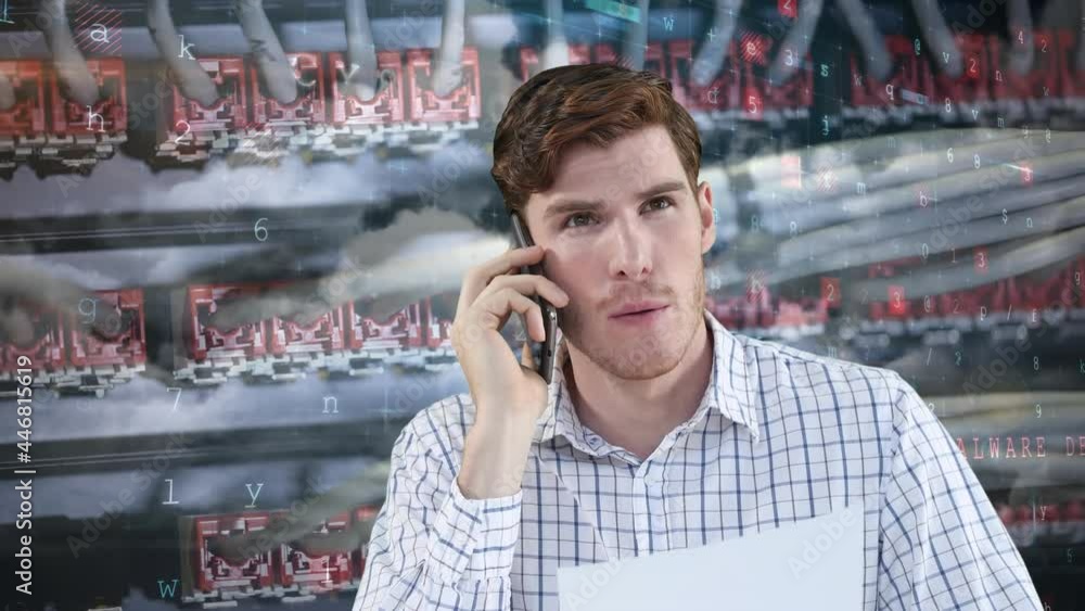 Poster caucasian man talking on smartphone against cyber security data processing and close up of server
