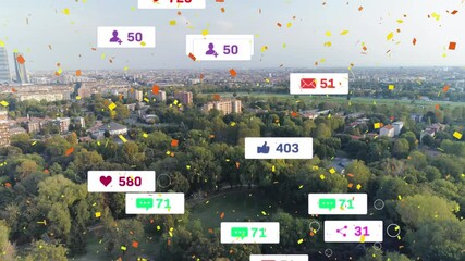 Confetti falling over social media icons on multiple speech bubbles floating against cityscape - Powered by Adobe