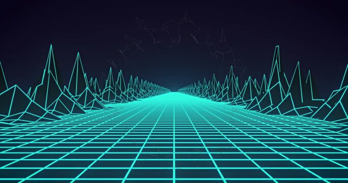 Digital animation of neon green grid network and 3d structures against blue background