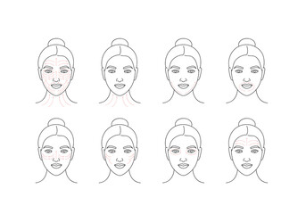 Vector illustration method fo face massage. Female face with arrow lines. Facial beauty treatment.