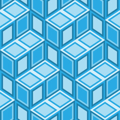 Geometric seamless pattern of 3d cubes in blue. Abstract textile or paper design