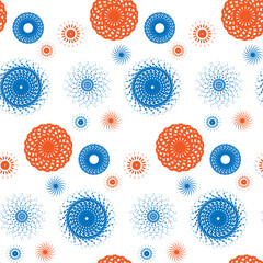 Seamless pattern of blue and orange mandalas on white background. Stylized stars in the heaven