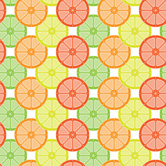 Retro seamless pattern of orange, lemon, grapefruit, lime slices. Geometric style. Fresh and juicy fruits. For textile or paper design