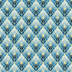 Stained glass seamless pattern. Diamond geometric background of blue and gold. Dainty tile backdrop for textile or paper design