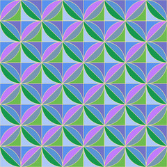 Simple colorful geometric pattern of circles and diamonds. Purple, green and blue. Textile or gift wrapping paper design