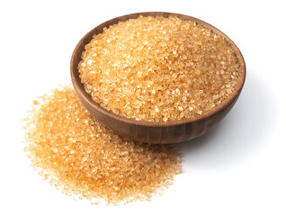 light yellow sugar in the wooden bowl, isolated on white background