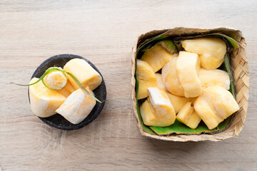 tapai or tape or peuyeum are traditional foods  snacks from indonesia, made from fermented cassava. selective focus