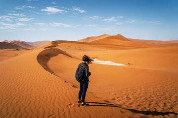 Fototapeta na wymiar Active female traveler hiking on the dunes around Deadvlei in the Namib Desert, Namib-Naukluft National Park, Namibia, Africa. 