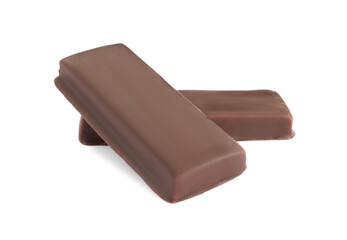 Tasty chocolate glazed protein bars on white background. Healthy snack