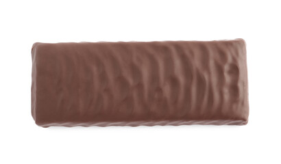 Tasty chocolate glazed protein bar isolated on white, top view. Healthy snack