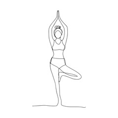 Woman in yoga asana tree. Drawing with one continuous line. Yoga, sports, piltes, stretching. Vector black and white isolated drawing.
