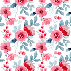 Poster Watercolor red flower seamless pattern © Asrulaqroni