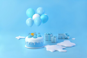 Christmas cake and anniversary event for winter season with blue balloons and white snow 3d illustration