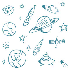 Vector hand drawn set of galaxy space elements, stars, rockets, planets
