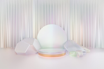 Cosmetic display product stand, Gold white pearl color round cylinder podium and graphic stone reflection colorful on glossy white curtain background. 3D rendering illustration