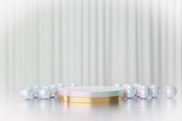 Cosmetic display product stand, Gold white pearl color round cylinder podium with pearl beads reflection colorful on white curtain background. 3D rendering illustration