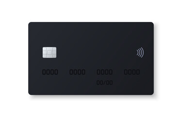 Blank plastic bank credit card. Mockup design of black plastic debit card with emv chip and contactless payment sign. Wireless online payment concept. Realistic vector illustration