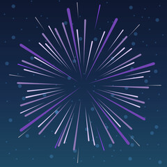 Obraz premium Purple exploding firework isolated on night sky background. Festive firework salute burst. Template design for holiday, christmas, new year, anniversary. Firecracker background. Vector illustration