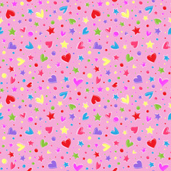 Pattern of hearts, stars and circles in random style on rose background