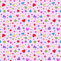 Pattern of hearts, stars and circles in random style on pink background