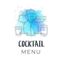 Cocktail Menu. Illustration of cocktail glasses on background of blue watercolor splash. Invitation, flyer or banner template.