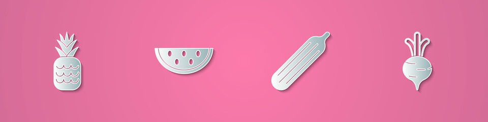 Set paper cut Pineapple, Watermelon, Fresh cucumber and Beet icon. Paper art style. Vector