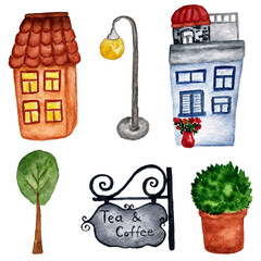 Watercolor illustrations of small city life, cute houses, lantern, flower vase, signboard, tree. Hand painted illustrations, isolated on white