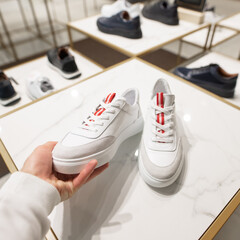 POV male hand choosing a new white sneakers in the shoes store