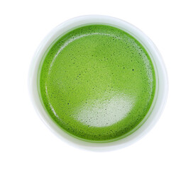Hot Japanese organic matcha green tea latte top view isolated on white background