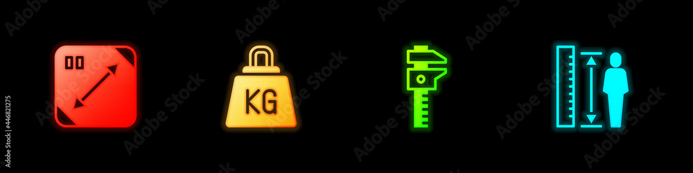 Poster set diagonal measuring, weight, calliper or caliper and scale and measuring height body icon. vector