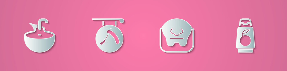 Set paper cut Washbasin, Barbershop with razor, Mustache and beard and Bottle of shampoo icon. Paper art style. Vector