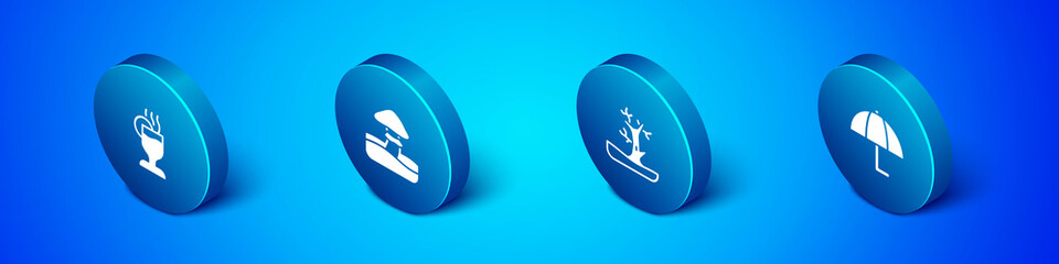 Set Isometric Mulled wine, Bare tree, Umbrella and Mushroom icon. Vector