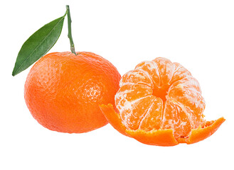 Mandarin, tangerine citrus fruit with leaf isolated on white background