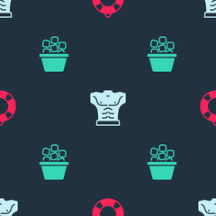 Set Lifebuoy, Bodybuilder muscle and Ice bucket on seamless pattern. Vector