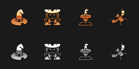 Set Witch hat, , and Flying bat icon. Vector