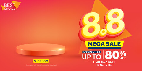 Vector of 8.8 Shopping day Poster or banner with 8 over on product podium scene.8 August sales banner template design for social media and website.Special Offer Sale 80% Off campaign or promotion.