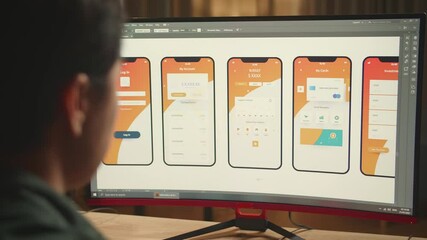 Asian Male Mobile Application Developer Works With Graphics On His Personal Computer. He Works At Night
