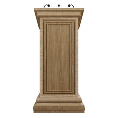 wooden speech podium with three small microphones attached on an isolated 3D render