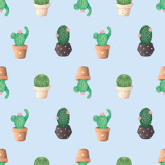 Blooming cactus pattern. In pastel shades. Thorns, flower pot, flowers, hearts, circles. Hand drawn, grainy style. Use for wallpaper, wrapping paper, prints, clothing, covers, postcards, decor