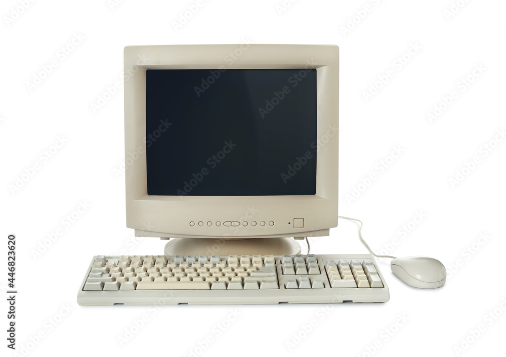Wall mural old computer monitor, keyboard and mouse on white background