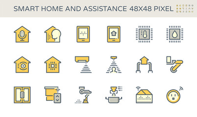 Smart home system and digital technology vector icon set. Consist of voice assistant or recognition, security and automation. To monitoring and control by remote, ai, app in mobile or smartphone.