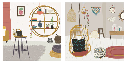 Hygge boho style living room illustrations with home furniture and decor. Hanging rattan chair, round shelf, plants, carpets, pictures, puff, cabinet, stool...multi colored in flat hand drawn design. 
