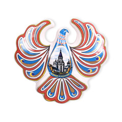 Souvenir (magnet) from Russia isolated on white background. Russian inscription does the city name...