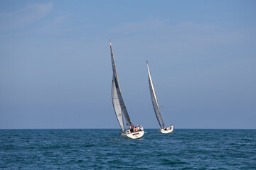 Naklejka premium sailing yacht regatta. Sailing yachts are competing. Cruising sailing yachts.