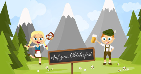 Oktoberfest man and woman with beer and pretzel