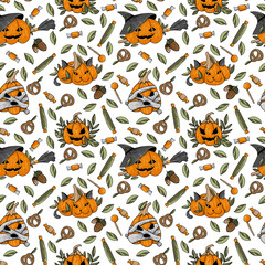 Seamless pattern with halloween pumpkins. Cat, witch, mummy. Leedinets pretzel candies. Design for wrapping, scrapbookig paper, textile, fabric