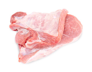 Pieces of raw meat isolated on white, top view