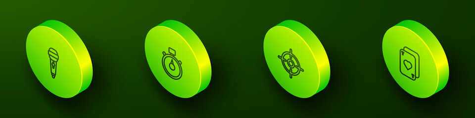 Set Isometric line Microphone, Stopwatch, Target sport and Playing cards icon. Vector